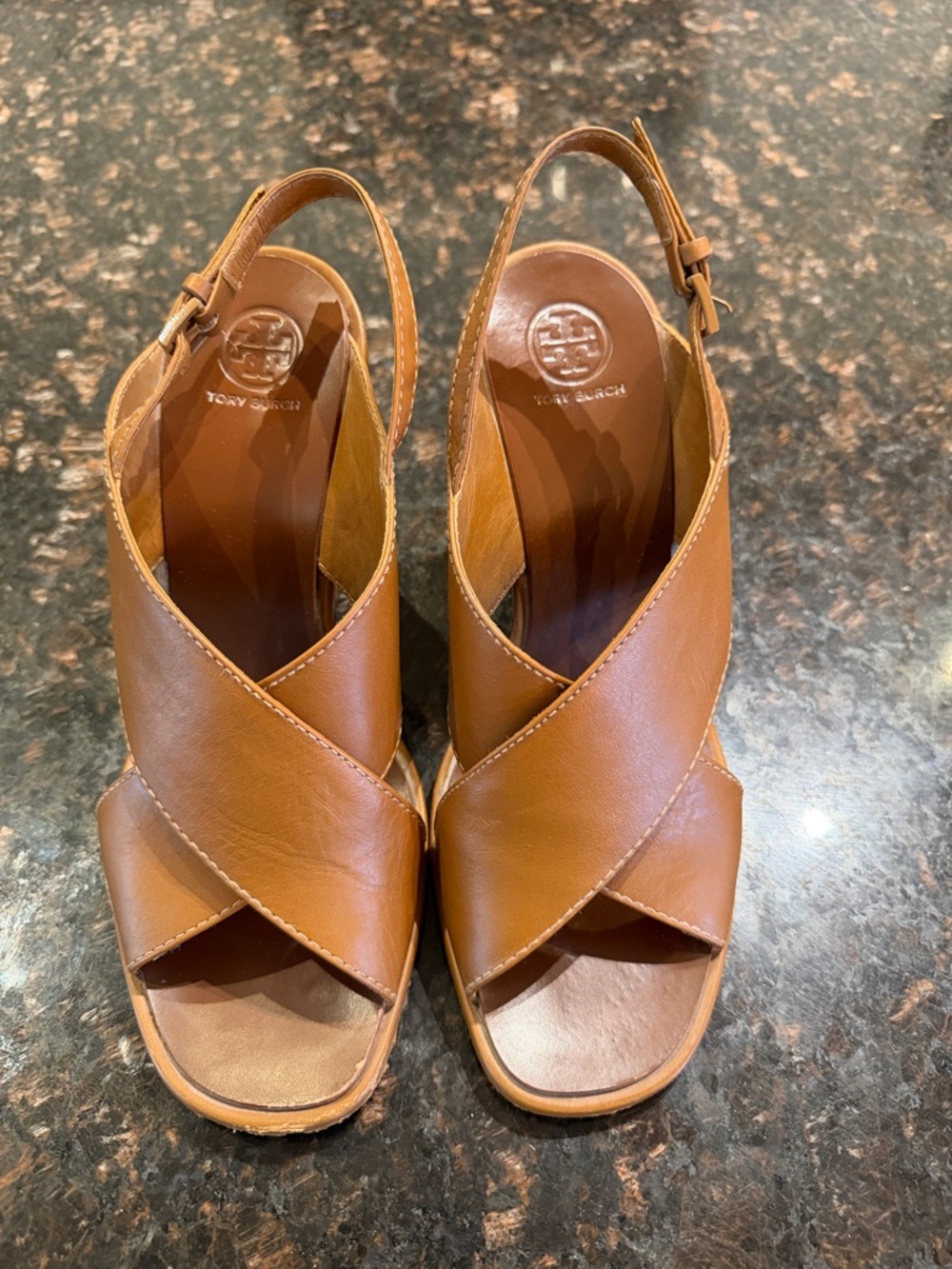 Tory Burch Cognac Leather Wedge Sandals Crisscross Slingback Size 8 - Picture 5 of 5